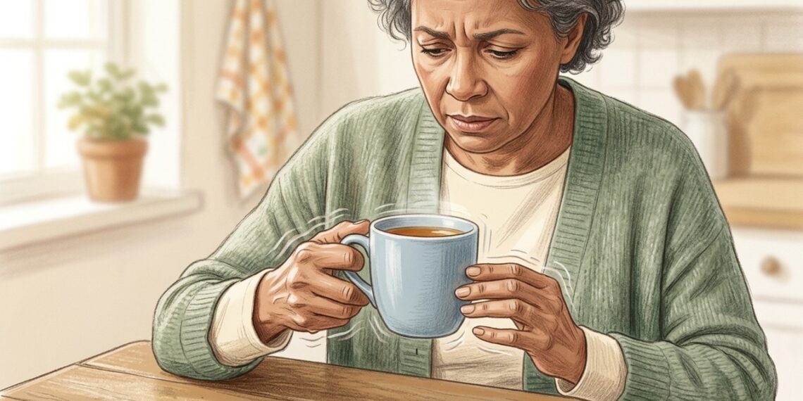 A mão tremendo ao segurar uma xícara pode seguir um padrão que piora durante o movimento.