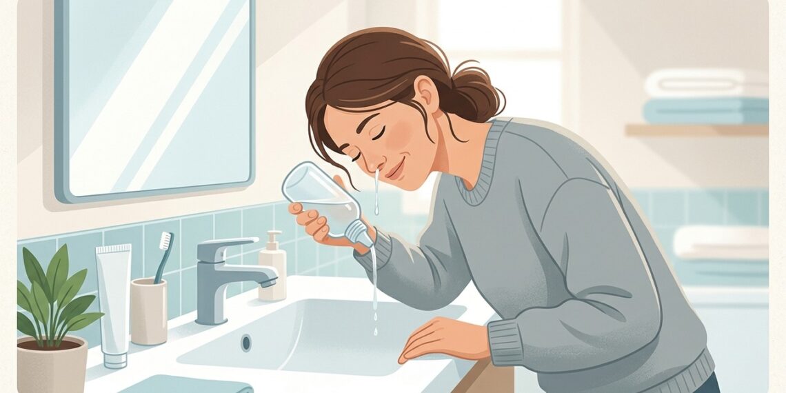 A lavagem nasal com soro ajuda a remover secreções e aliviar a congestão nasal.