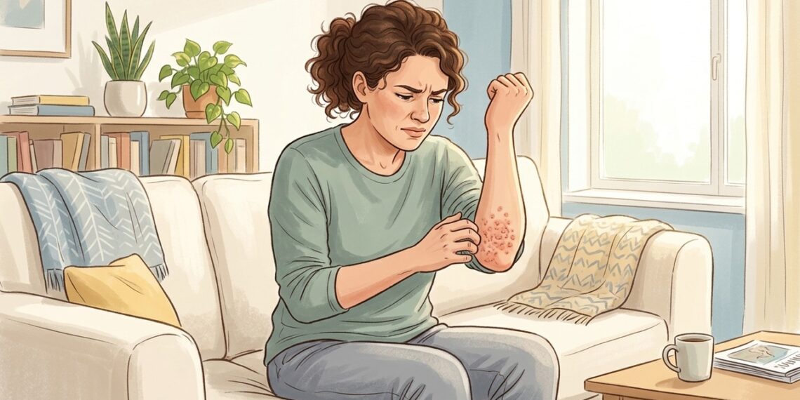 Coceira intensa com pequenas bolhas nos cotovelos pode ser sinal de dermatite herpetiforme.