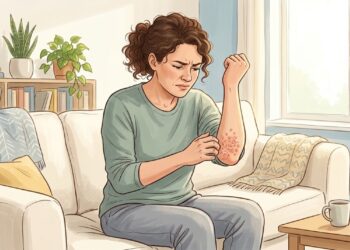 Coceira intensa com pequenas bolhas nos cotovelos pode ser sinal de dermatite herpetiforme.