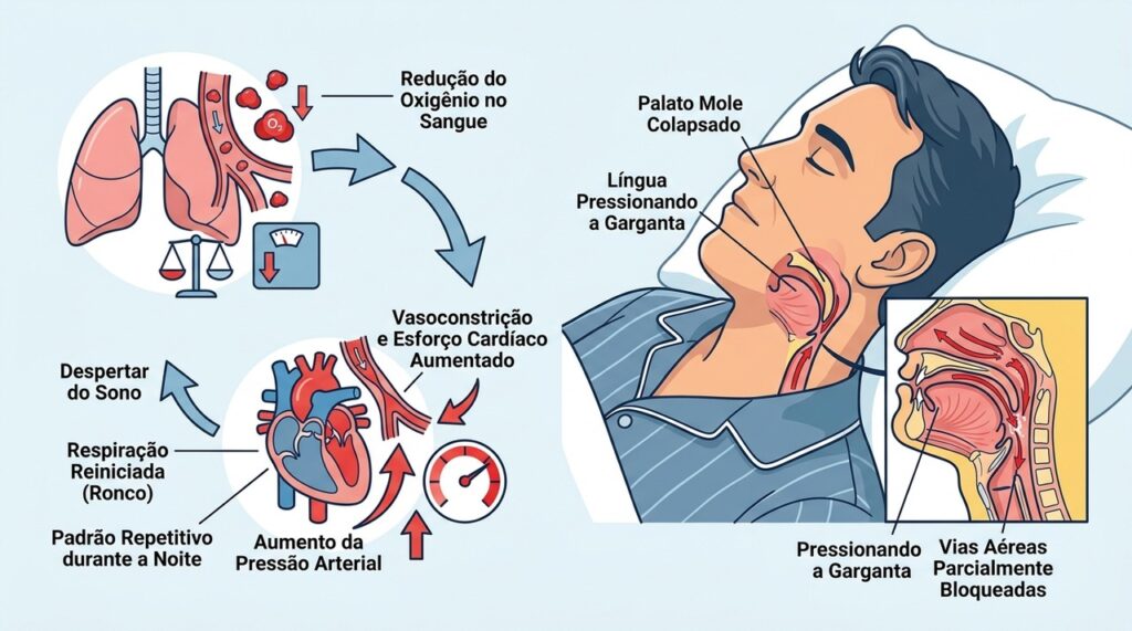 Na apneia do sono, pausas respiratórias e quedas de oxigênio podem contribuir para o aumento da pressão arterial.