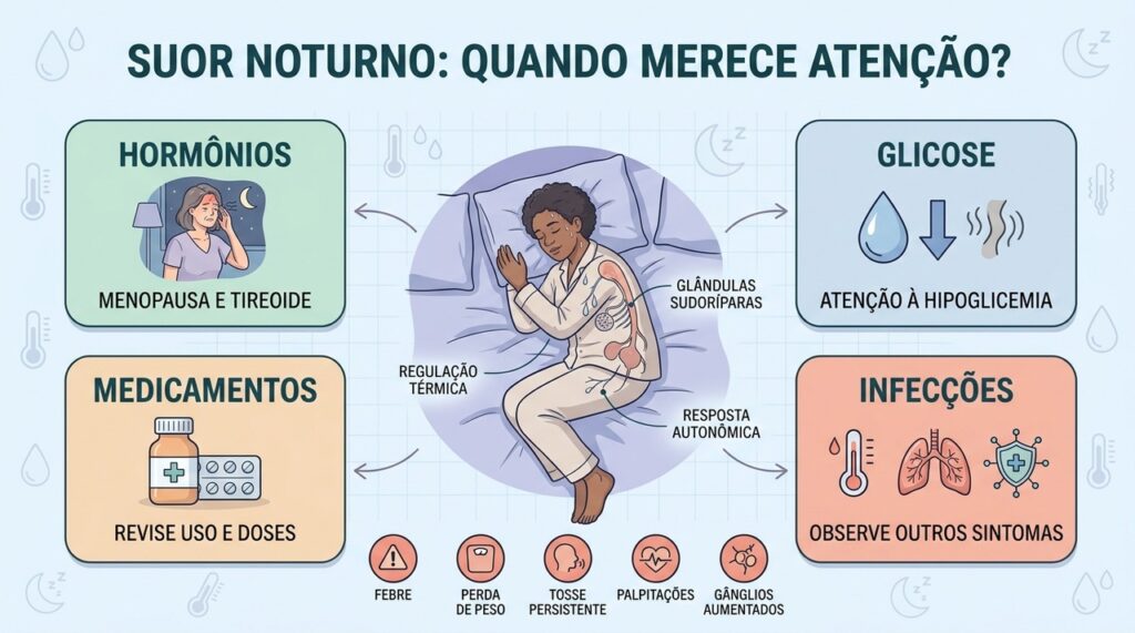 Hormônios, glicose, medicamentos e infecções estão entre as causas do suor noturno.