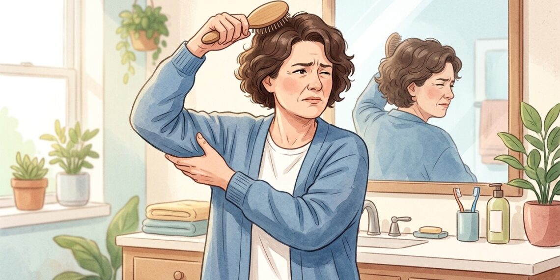 Rigidez progressiva no ombro pode dificultar tarefas simples, como pentear o cabelo.