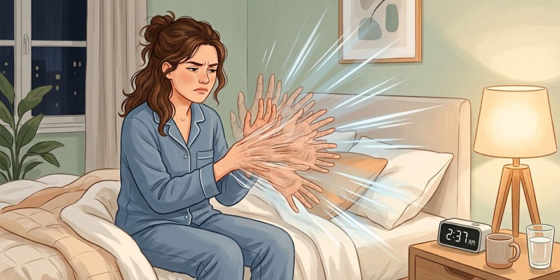 Ilustração editorial de saúde moderna e suave de uma pessoa acordando à noite e sacudindo uma das mãos com expressão de incômodo, ambiente doméstico claro e simples.