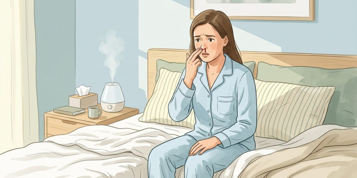 O ar seco durante a noite pode ressecar a mucosa nasal e favorecer pequenos sangramentos ao acordar.