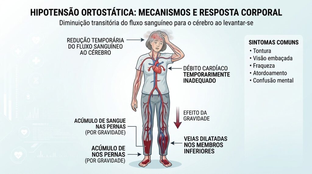Na hipotensão ortostática, a pressão pode cair ao ficar em pé e provocar tontura, fraqueza ou visão escurecida.