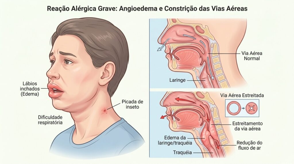 Falta de ar e inchaço na língua ou garganta após uma picada podem indicar anafilaxia e exigem atendimento imediato.