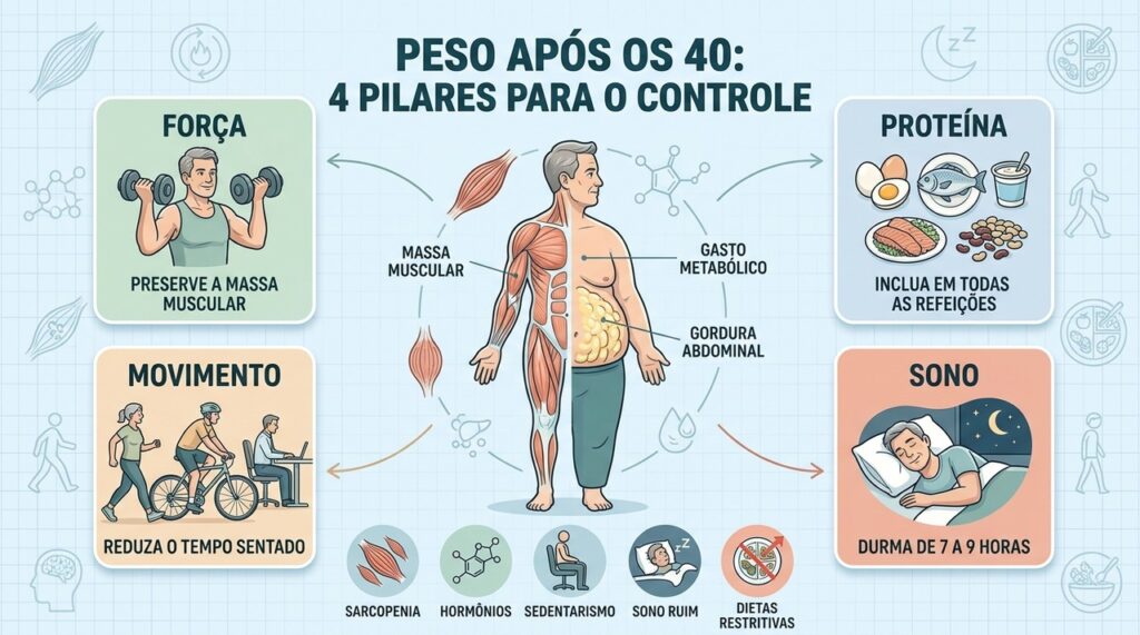 Força, proteína, movimento e sono ajudam a controlar mudanças de peso após os 40.