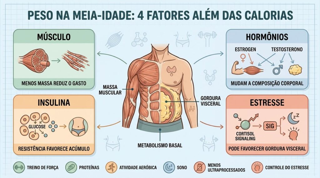Massa muscular, hormônios, insulina e estresse influenciam o peso depois dos 40.