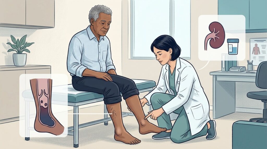 Padrão do edema e sintomas associados ajudam a diferenciar causas venosas e renais.