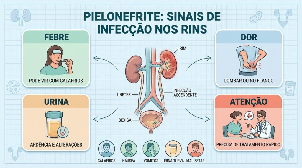 Febre, dor lombar, alterações urinárias e mal-estar ajudam a reconhecer pielonefrite.