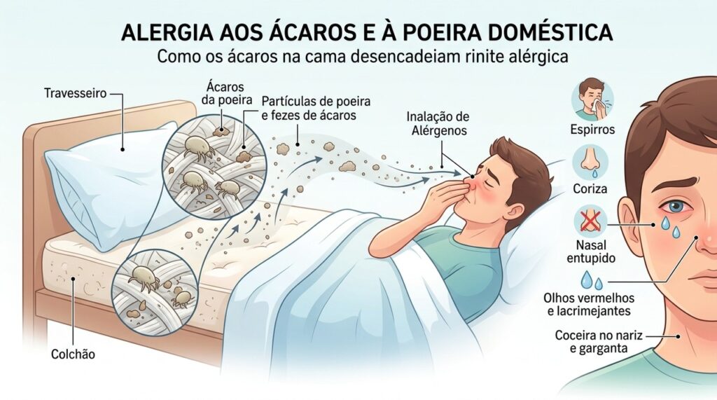 Ácaros e outros alérgenos presentes no ambiente doméstico podem desencadear sintomas de rinite.
