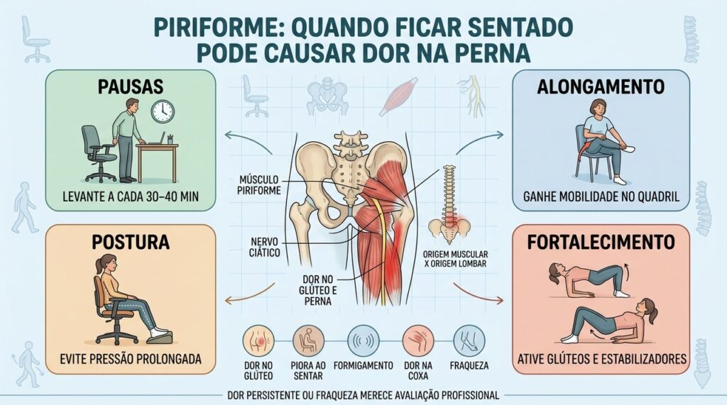 Pausas, alongamento, postura e fortalecimento ajudam a reduzir a sobrecarga do piriforme.