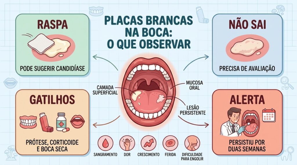 Placas removíveis e lesões persistentes exigem cuidados diferentes e avaliação adequada.