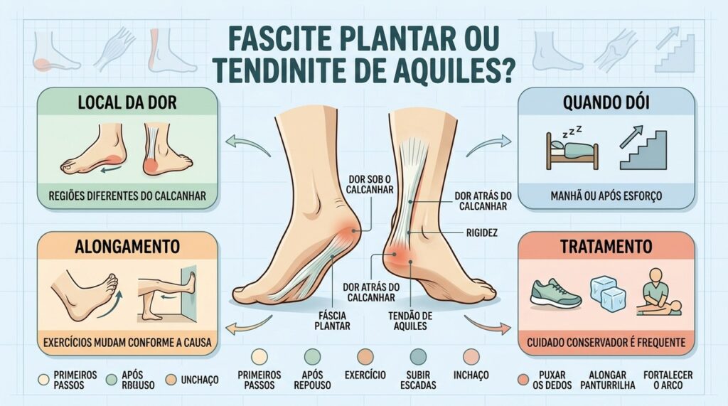 Local da dor, esforço e alongamento diferenciam fascite plantar e tendinite de Aquiles.