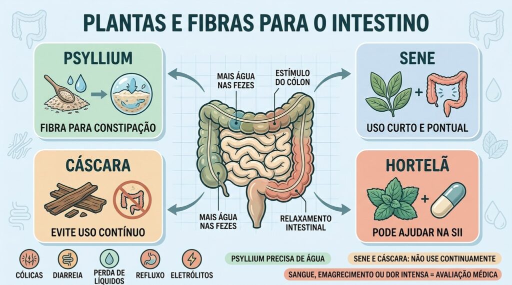 Psyllium, sene, cáscara e hortelã têm funções e riscos intestinais distintos.
