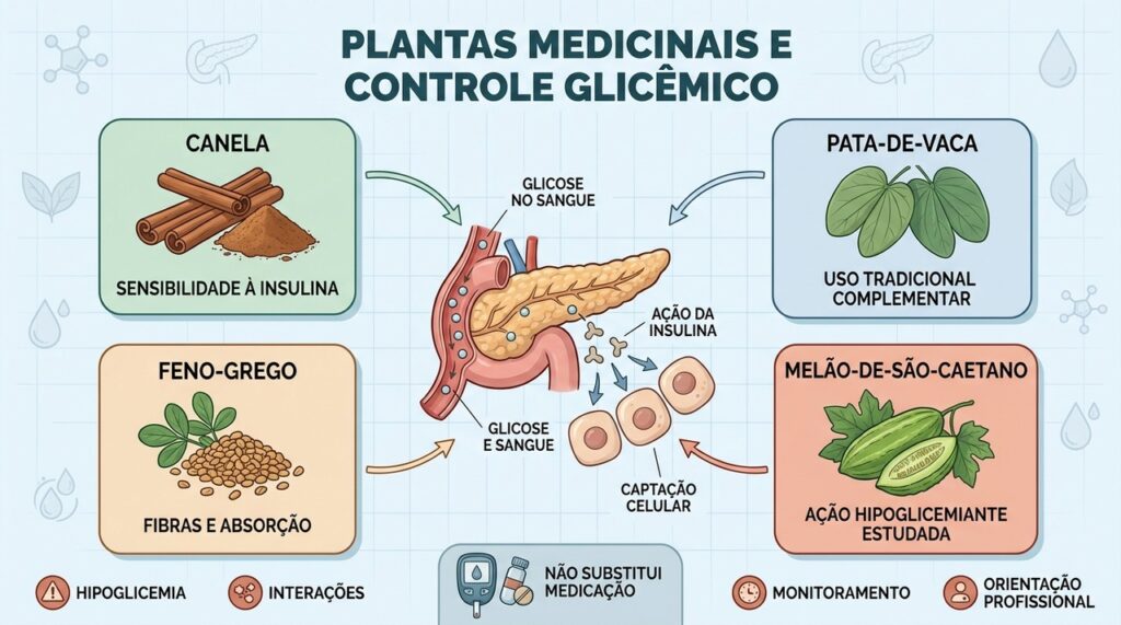 Canela, pata-de-vaca, feno-grego e melão-de-são-caetano exigem uso complementar e monitorado.