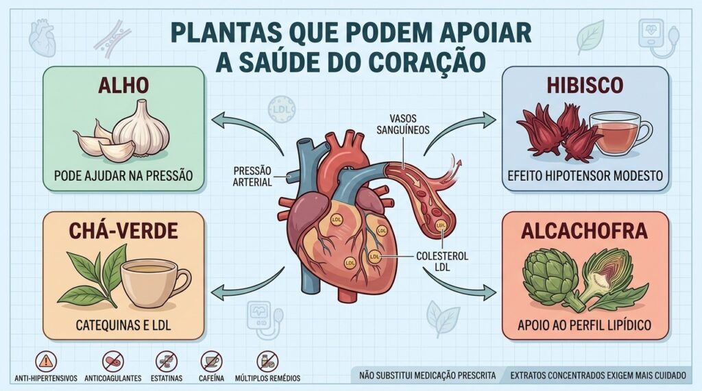Alho, hibisco, chá-verde e alcachofra atuam como apoio, não substitutos do tratamento.