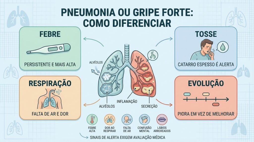 Febre persistente, catarro, falta de ar e piora progressiva sugerem pneumonia.