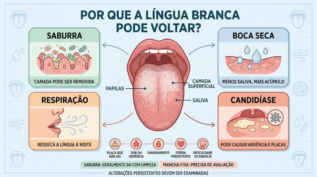 Saburra, boca seca, respiração oral e candidíase podem causar língua branca recorrente.