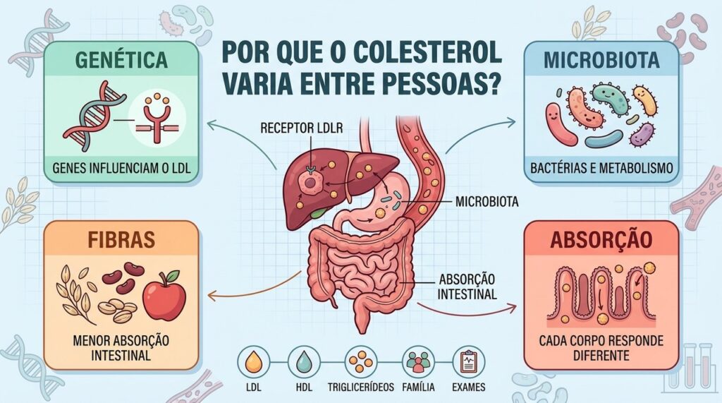 Genética, microbiota, fibras e absorção intestinal ajudam a explicar diferenças individuais no colesterol.