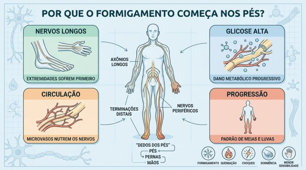 Nervos longos, glicose elevada e microcirculação explicam a progressão dos pés às mãos.