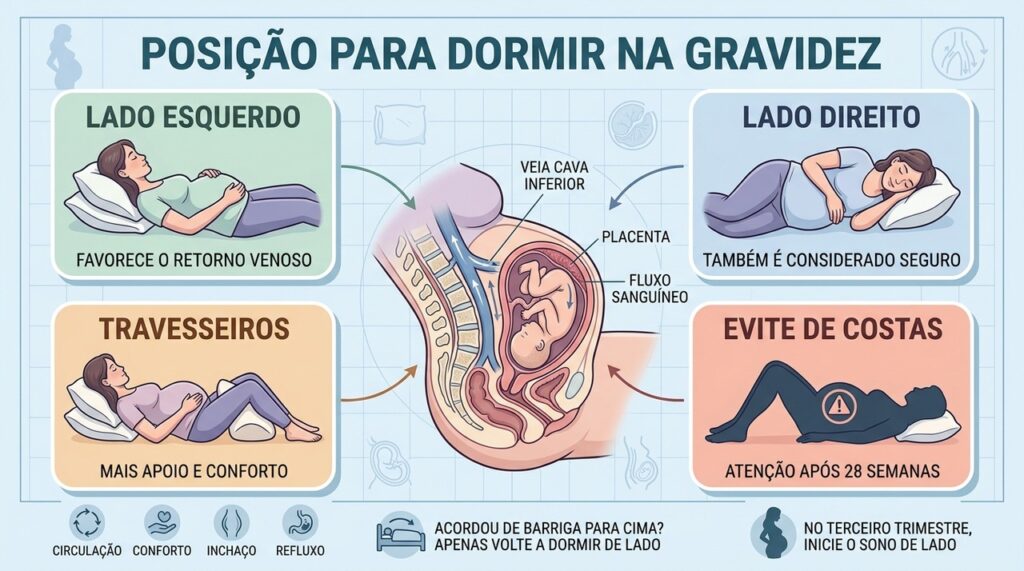 Posição lateral, circulação e apoio com travesseiros tornam o sono gestacional mais confortável.