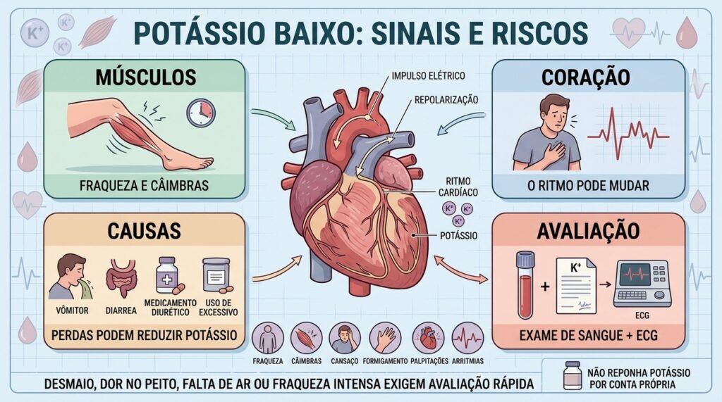 Fraqueza, câimbras e palpitações podem acompanhar quedas importantes nos níveis de potássio.