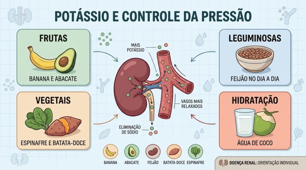 Frutas, feijão, vegetais e água de coco ampliam o potássio alimentar.
