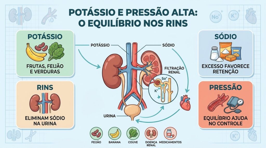 Potássio, sódio e rins trabalham juntos no equilíbrio que influencia a pressão arterial.