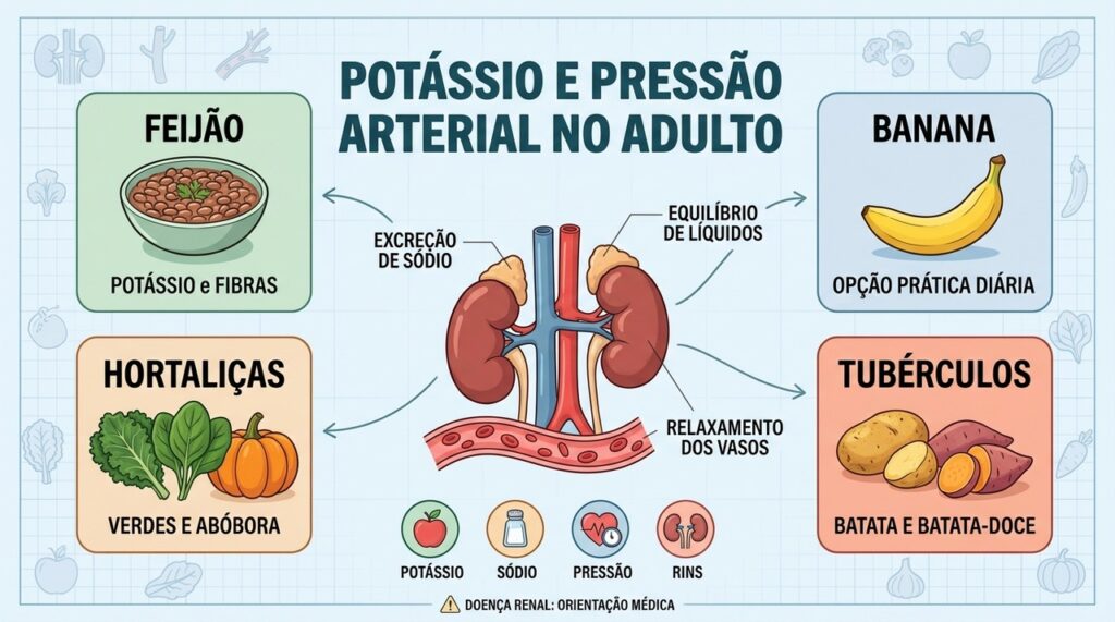 Feijão, frutas, hortaliças e tubérculos aumentam o potássio, mas exigem cuidado em doenças renais.