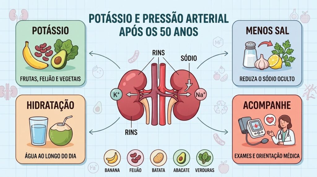Quatro pilares ajudam a aumentar o potássio, reduzir o sódio e cuidar da pressão.
