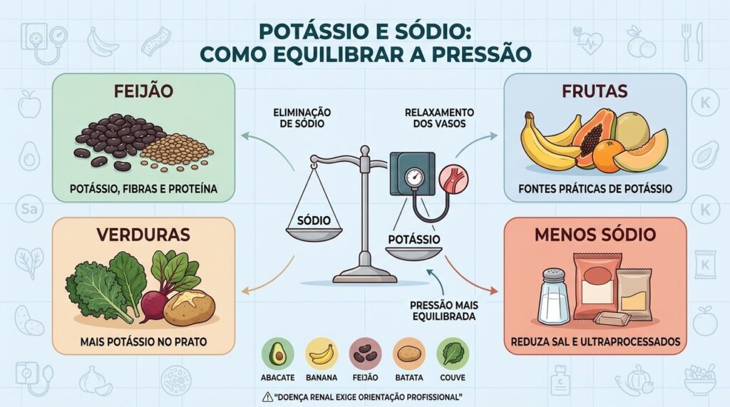 Feijão, frutas, verduras e menos sódio favorecem melhor equilíbrio da pressão arterial.