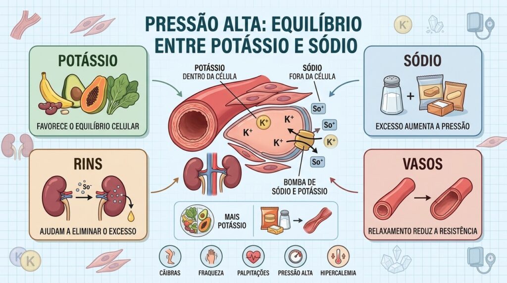 Potássio, sódio, rins e vasos trabalham juntos no controle da pressão arterial.
