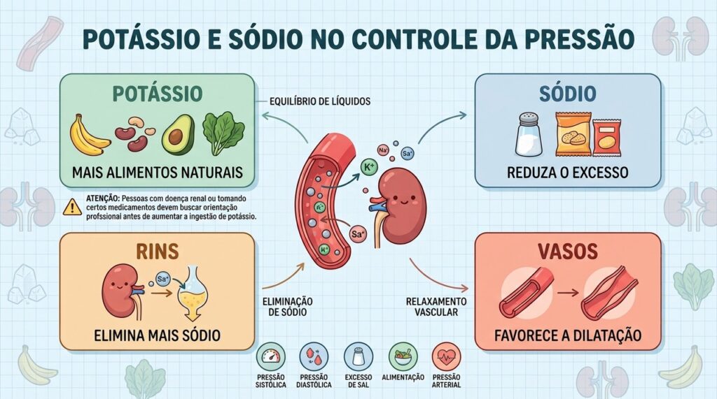 Potássio, rins e vasos trabalham juntos para equilibrar o sódio e a pressão arterial.