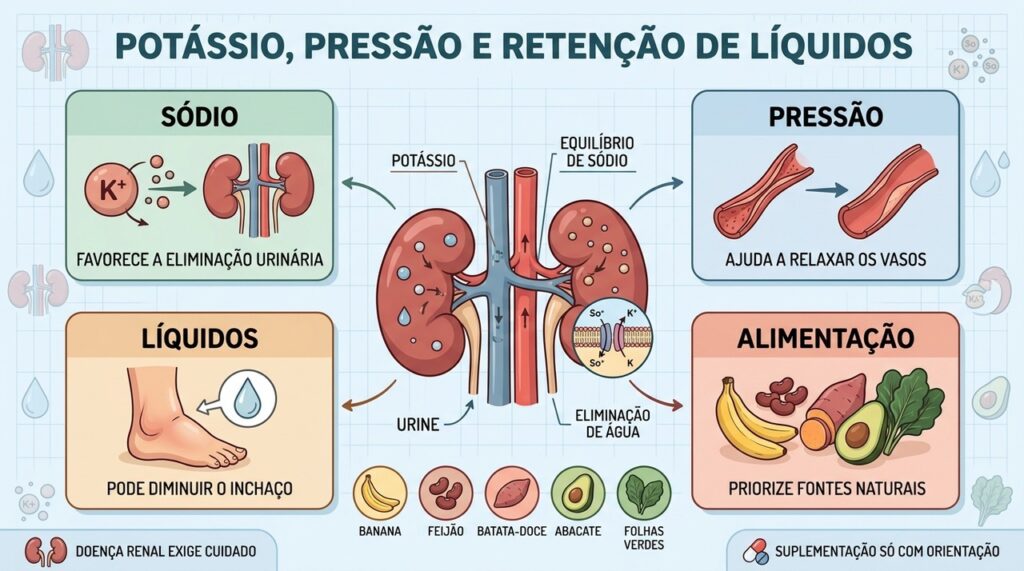Potássio favorece equilíbrio do sódio, controle da pressão e redução do inchaço.