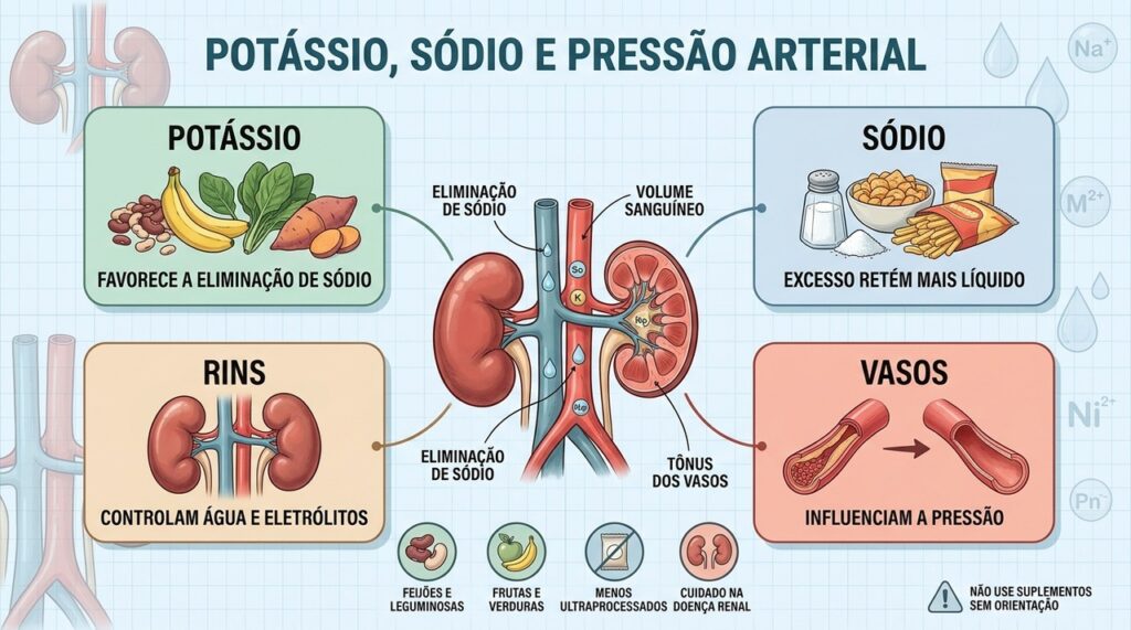 Potássio, sódio, rins e vasos atuam juntos na regulação da pressão arterial.