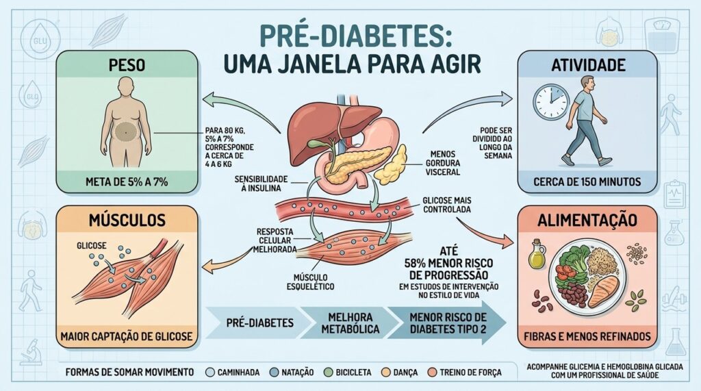 Peso, atividade, músculos e alimentação atuam juntos na melhora da pré-diabetes.