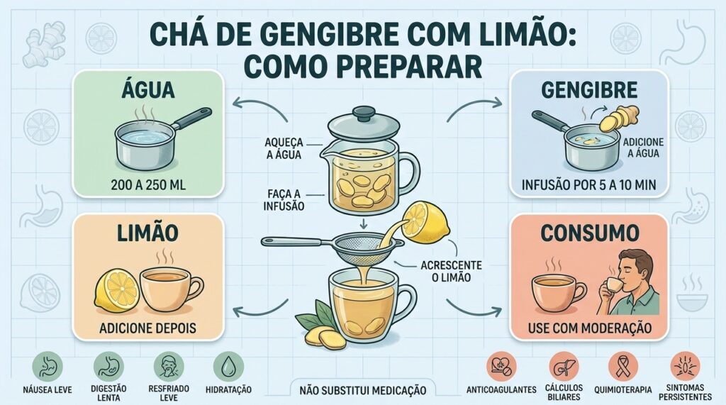 Água quente, gengibre em infusão e limão adicionado depois garantem preparo adequado.