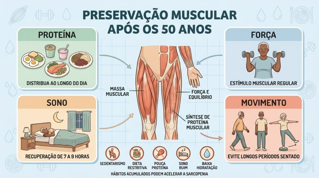 Proteína, treino de força, sono e movimento ajudam a preservar músculos após os 50.