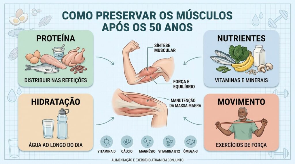 Proteína, nutrientes, hidratação e força formam a base da preservação muscular.