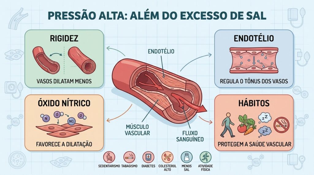 Rigidez arterial, endotélio e óxido nítrico também participam do controle da pressão.