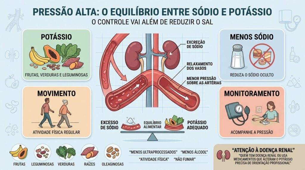 Potássio, menos sódio, movimento e monitoramento ajudam no controle da hipertensão.