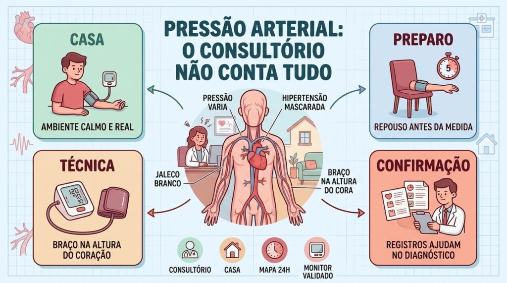 Técnica correta, medidas em casa e monitorização ajudam a confirmar a pressão arterial.