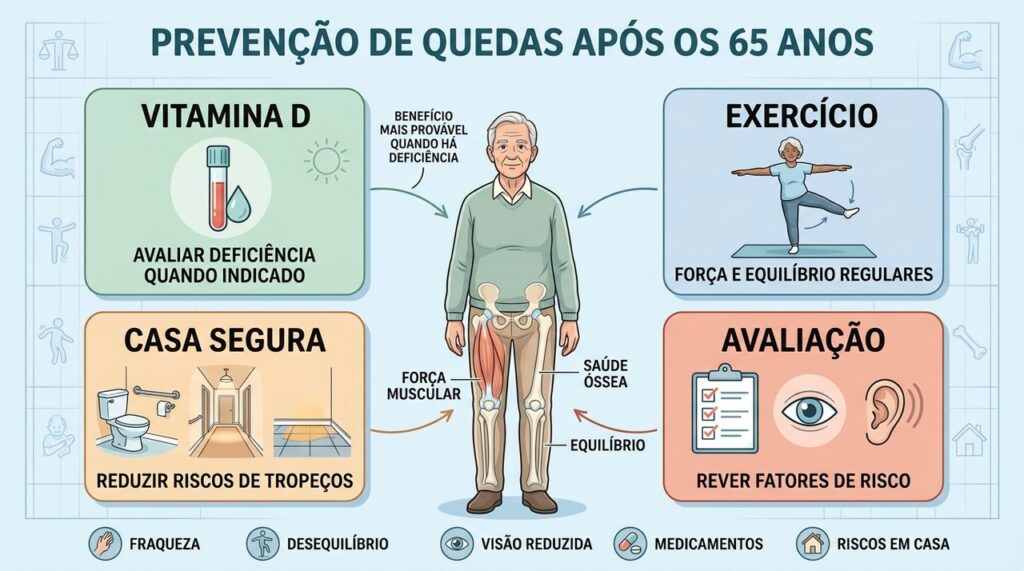 Vitamina D, exercícios, casa segura e avaliação clínica integram a prevenção de quedas.