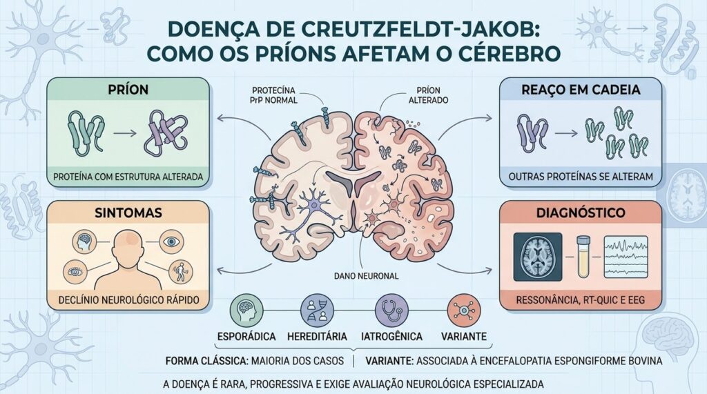 Príons alterados se acumulam, danificam neurônios e causam rápida deterioração neurológica.