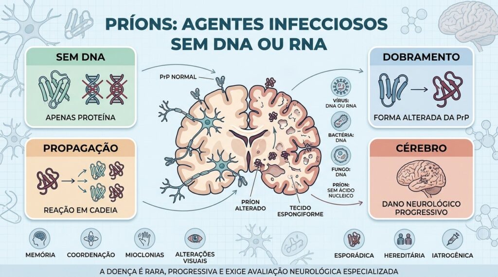 Sem material genético, príons propagam o dobramento anormal e lesionam progressivamente o cérebro.