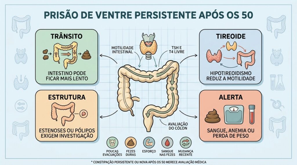 Trânsito lento, tireoide, alterações estruturais e sinais de alerta orientam a investigação.