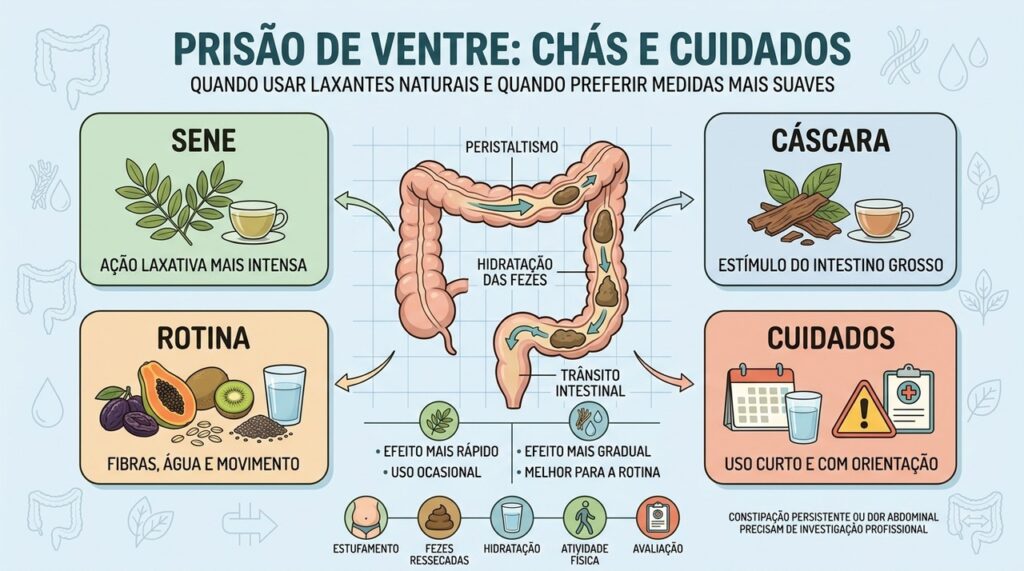 Sene, cáscara, fibras e cuidados ajudam a comparar estratégias contra a constipação.