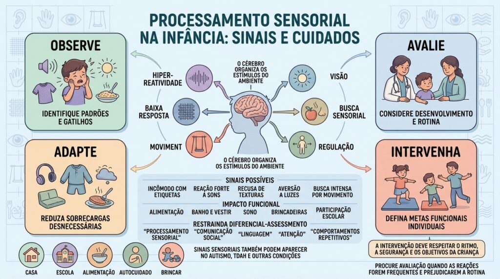 Observação, avaliação, adaptações e intervenção orientam o cuidado sensorial infantil.